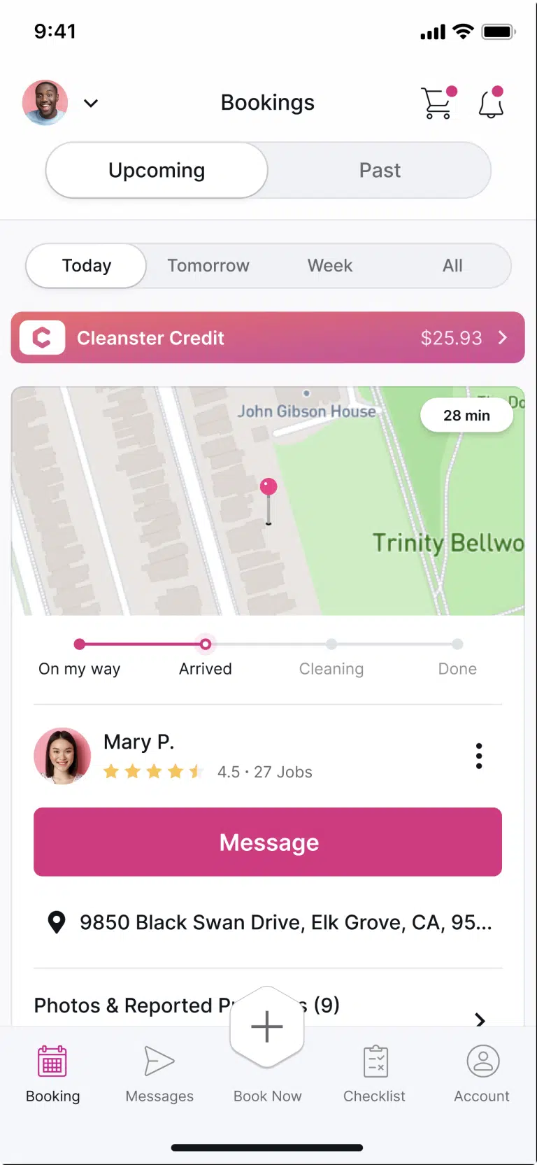 Cleanster app bookings screen with the cleaner's location on a map